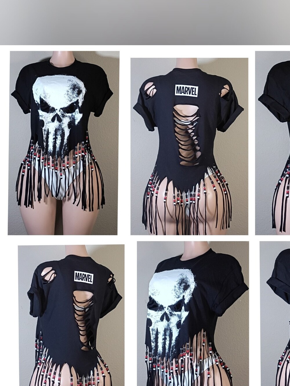 Marvel Black & White Distressed Breaded Punisher Fringe Cutout Women's Tee